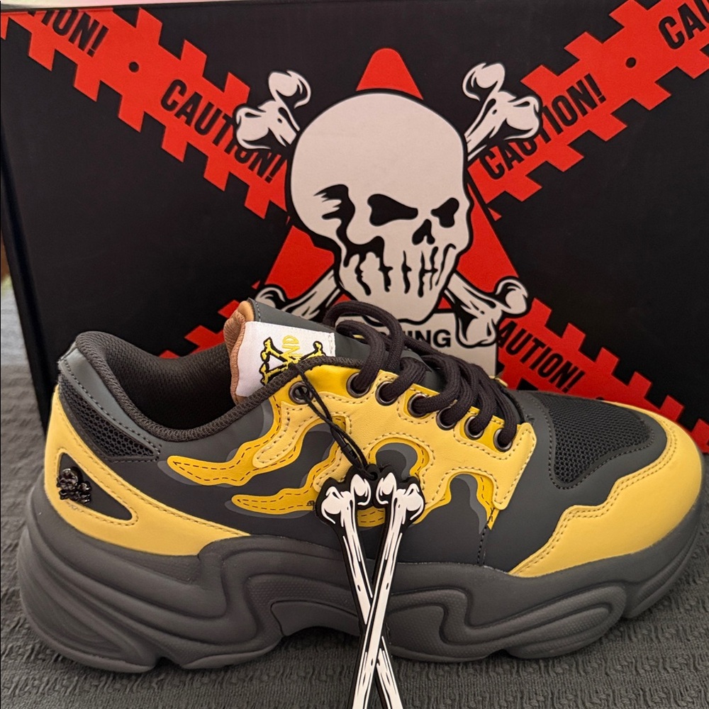 Brand X  Gray and Yellow Skull Sneakers SIZE 7 new with tags and box
